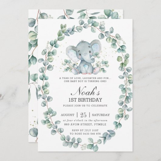 Invitation Eléphant mignon Eucalyptus Verdure Anniversaire Ga (Devant / Derrière)