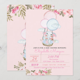 Invitation Éléphant Mignon, Fête Bébé Fleurie Ballon Aerien