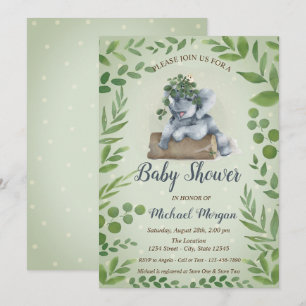 Invitation Éléphant Mignon Feuilles, Points Baby Shower