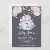 Invitation Eléphant mignon, Fleurs Baby shower violet clair (Devant)