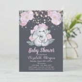 Invitation Eléphant mignon, Fleurs Baby shower violet clair (Debout devant)