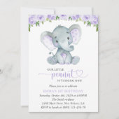 Invitation Éléphant Mignon, Fleurs Violettes, Premier Anniver (Devant)