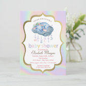Invitation Eléphant mignon, Floral, Baby shower holographique (Debout devant)