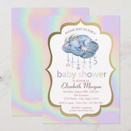 Invitation Eléphant mignon, Floral, Baby shower holographique (Devant / Derrière)