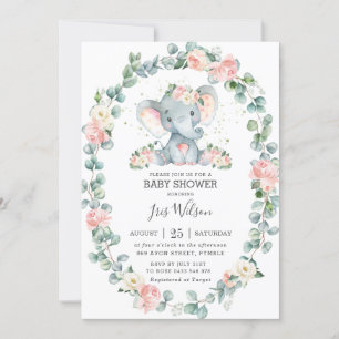 Invitation Eléphant mignon Floral verdure Baby shower fille