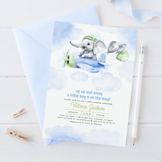 Invitation Eléphant mignon & Plan Baby shower gris vert bleu