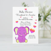 Invitation Eléphant mignon rose pourpre Coeurs Baby shower fi (Debout devant)