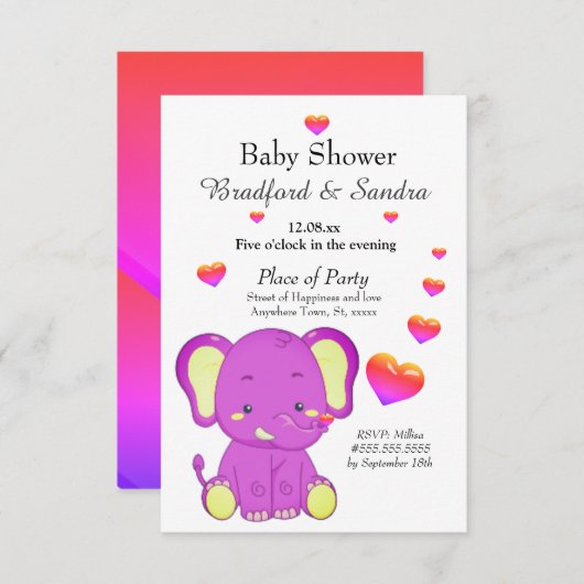 Invitation Eléphant mignon rose pourpre Coeurs Baby shower fi (Devant / Derrière)