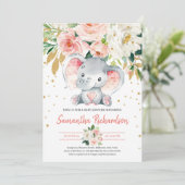 Invitation Eléphant mignon Rustique BLush rose FLoral bébé (Debout devant)