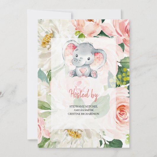 Invitation Eléphant mignon Rustique BLush rose FLoral bébé (Dos)