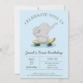 Invitation Eléphant mignon sur skateboard. Anniversaire (Devant)