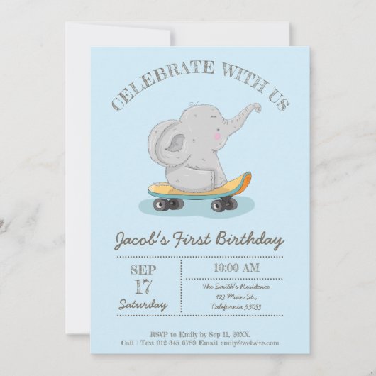 Invitation Eléphant mignon sur skateboard. Anniversaire (Devant)