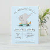 Invitation Eléphant mignon sur skateboard. Anniversaire (Debout devant)