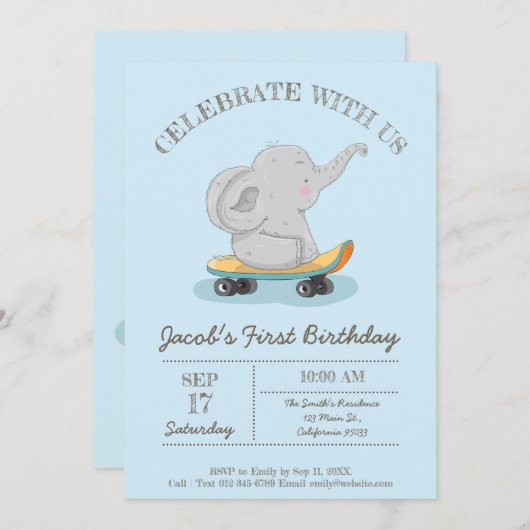 Invitation Eléphant mignon sur skateboard. Anniversaire (Devant / Derrière)
