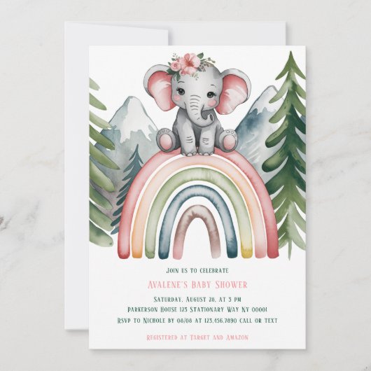 Invitation Eléphant mignon sur un Baby shower arc-en-ciel (Devant)