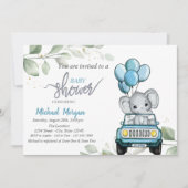 Invitation Eléphant mignon, Voiture, Ballons, Baby shower Feu (Devant)