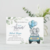Invitation Éléphant mignon, voiture, ballons, douche de bébé (Debout devant)