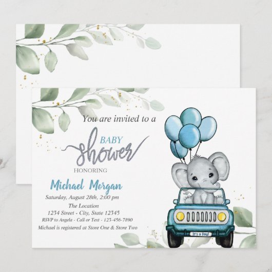 Invitation Éléphant mignon, voiture, ballons, douche de bébé (Devant / Derrière)