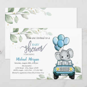 Invitation Éléphant mignon, voiture, ballons, douche de bébé