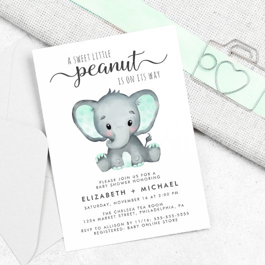 Invitation Elephant Mint Vert Aquarelle Couples Baby shower