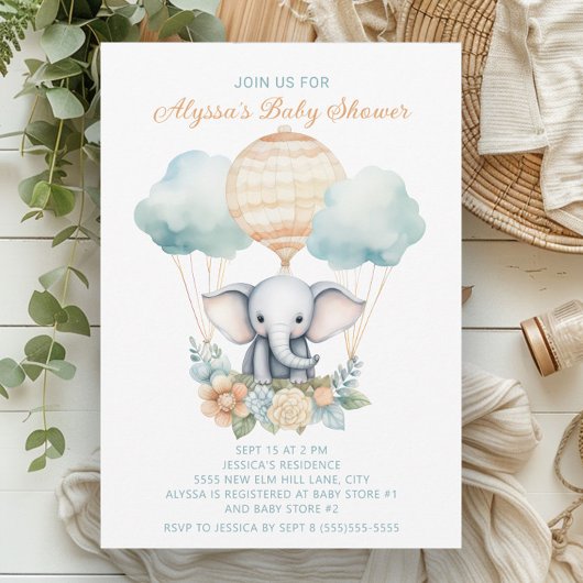 Invitation Éléphant Montgolfière Bleu Garçon Pêche