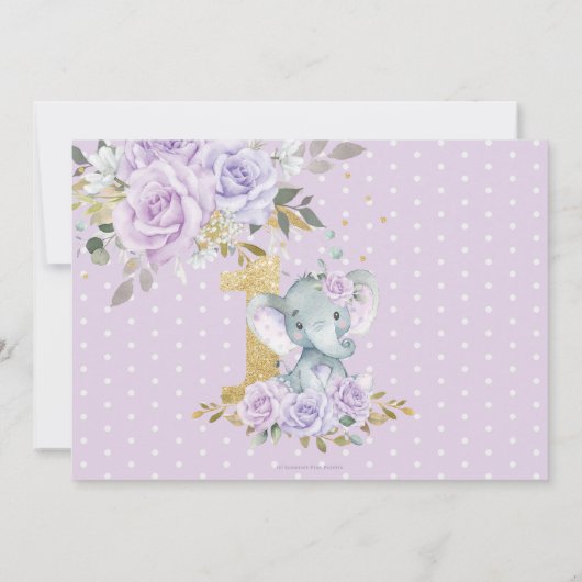 Invitation Eléphant mou à fleurs violet Un 1er anniversaire P (Dos)
