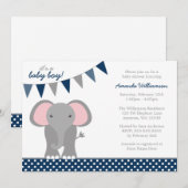 Invitation Elephant Navy Polka Dot Banner Baby shower garçon (Devant / Derrière)