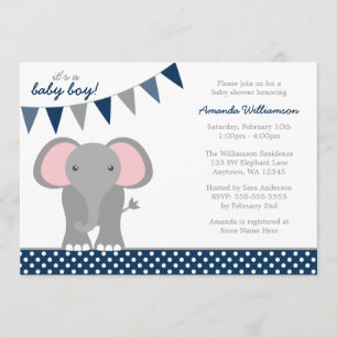 Invitation Elephant Navy Polka Dot Banner Baby shower garçon