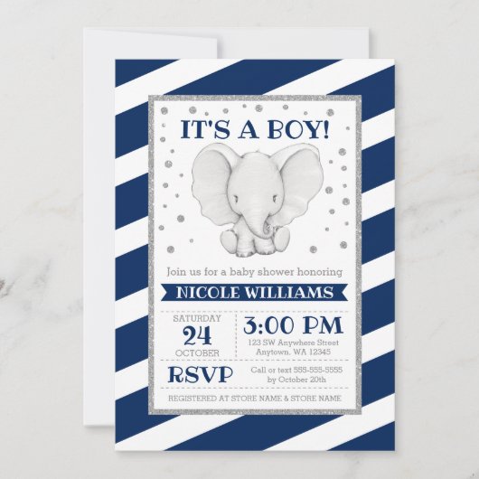 Invitation Elephant Navy Stripes Garçon Baby Shower Invitatio (Devant)