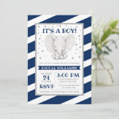 Invitation Elephant Navy Stripes Garçon Baby Shower Invitatio (Debout devant)
