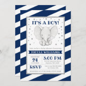 Invitation Elephant Navy Stripes Garçon Baby Shower Invitatio (Devant / Derrière)