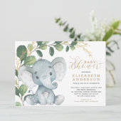 Invitation Eléphant Neutre Vert doux Baby shower Or (Debout devant)
