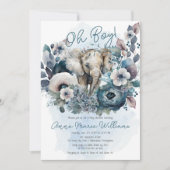 Invitation Elephant Oh garçon Baby shower Floral bleu (Devant)