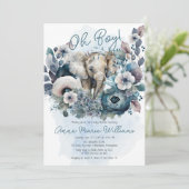 Invitation Elephant Oh garçon Baby shower Floral bleu (Debout devant)
