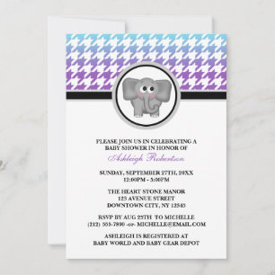 Invitation Elephant Ombre Aqua Purple Houndstooth Baby shower