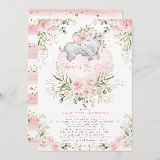 Invitation Eléphant Or Blush Feminine Baby shower Par Mail (Devant / Derrière)