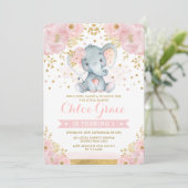 Invitation Eléphant or doux 1er Anniversaire Chic Floral (Debout devant)