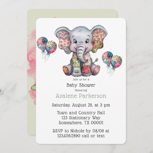 Invitation Elephant Patchwork Chic fille ou Baby shower garço (Devant / Derrière)