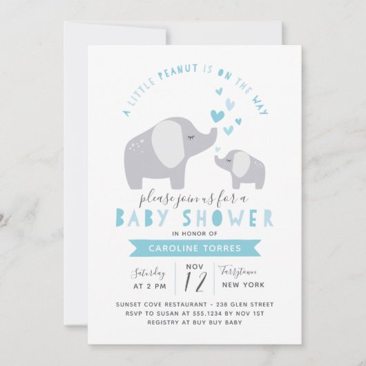 Invitation Eléphant Petit Arachide | BABY SHOWER | Bleu (Devant)