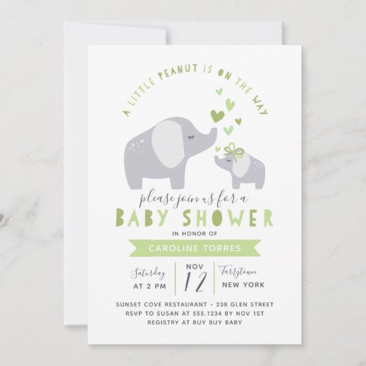 Invitation Eléphant Petit Arachide | BABY SHOWER | Vert (Devant)