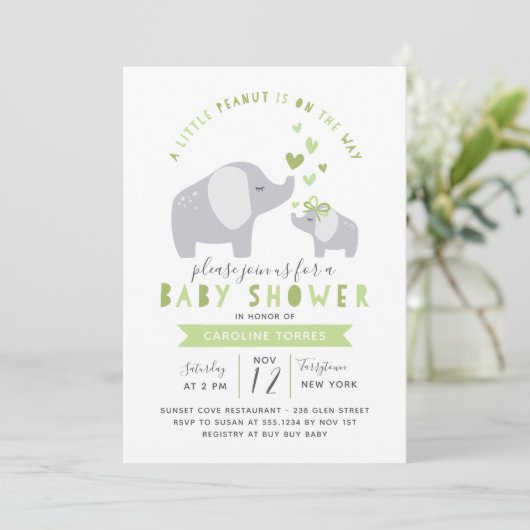 Invitation Eléphant Petit Arachide | BABY SHOWER | Vert (Debout devant)