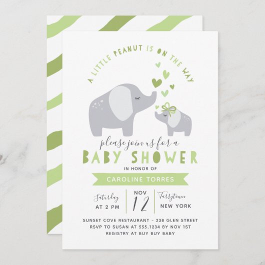 Invitation Eléphant Petit Arachide | BABY SHOWER | Vert (Devant / Derrière)