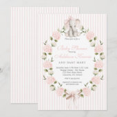 Invitation Elephant pink bow Girl Baby Shower (Devant / Derrière)