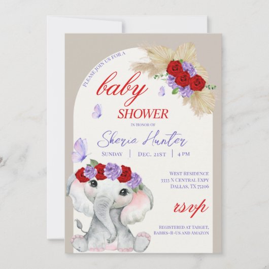 Invitation Eléphant pourpre et Baby shower papillon (Devant)