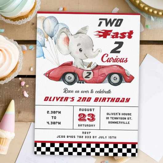 Invitation Elephant Red Race Car Deux Fast 2e Anniversaire
