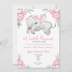 Invitation Eléphant rose Baby shower Floral mignon rustique