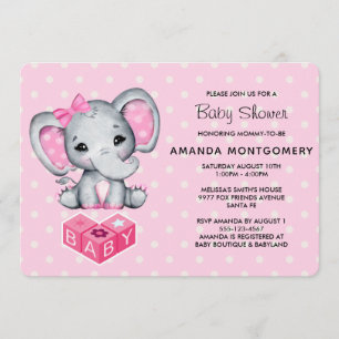 Invitation Eléphant rose bébé avec Baby shower Pois