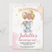 Invitation Eléphant rose de charme premier anniversaire fille (Devant)