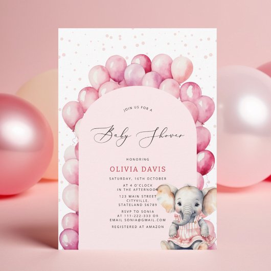 Invitation Eléphant rose et Baby shower de ballon pour fille