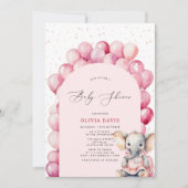 Invitation Eléphant rose et Baby shower de ballon pour fille (Devant)